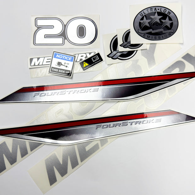 Vinyl graphic silver shimmer decals set suitable for Mercury 20 hp four stroke outboard engine. Vinyl silver shimmer stickers kit for Mercury 20 hp four stroke Handmade