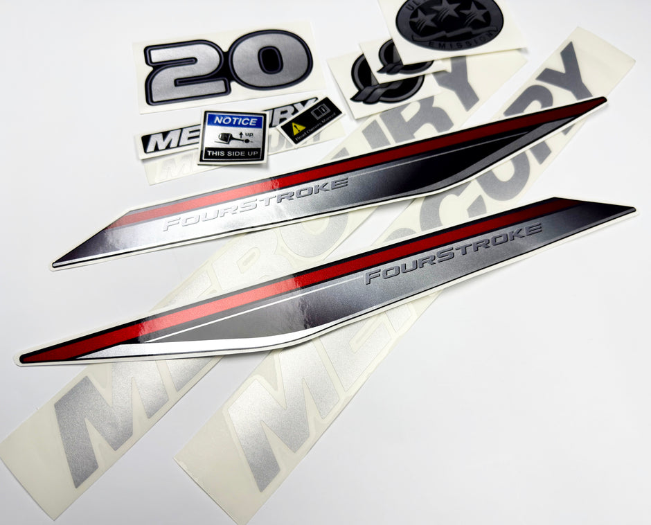 Vinyl graphic silver shimmer decals set suitable for Mercury 20 hp four stroke outboard engine. Vinyl silver shimmer stickers kit for Mercury 20 hp four stroke Handmade