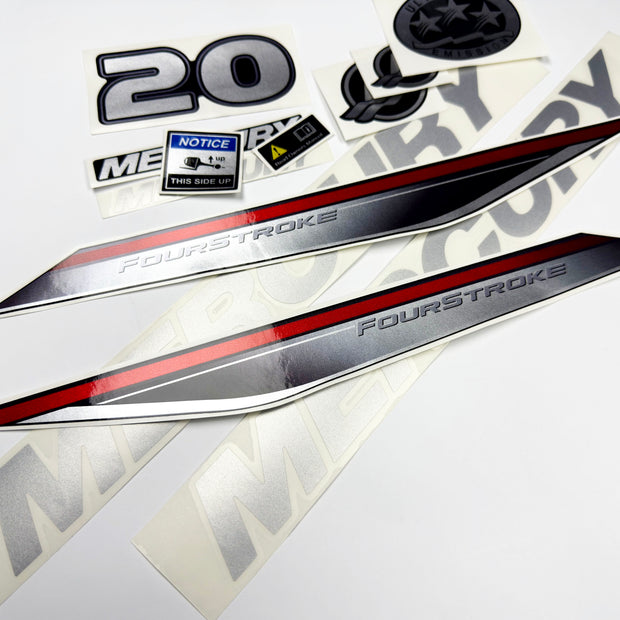 Vinyl graphic silver shimmer decals set suitable for Mercury 20 hp four stroke outboard engine. Vinyl silver shimmer stickers kit for Mercury 20 hp four stroke Handmade