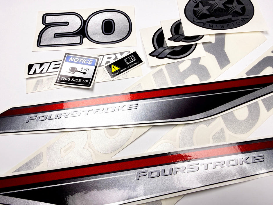 Vinyl graphic silver shimmer decals set suitable for Mercury 20 hp four stroke outboard engine. Vinyl silver shimmer stickers kit for Mercury 20 hp four stroke Handmade
