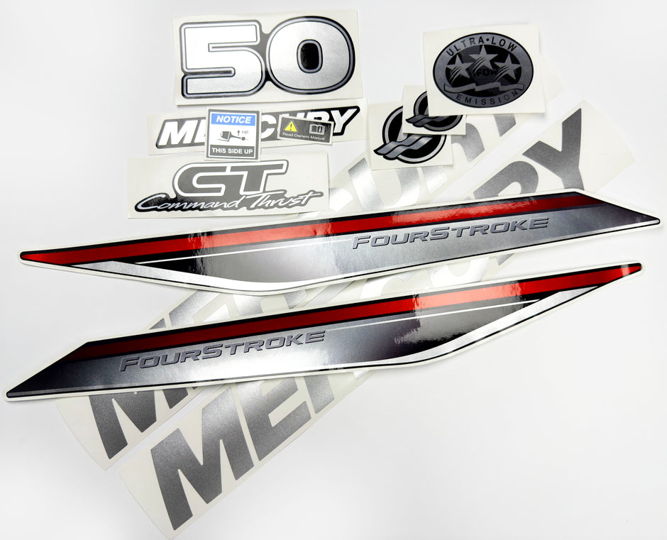 Vinyl graphic silver shimmer decals set suitable for Mercury 50 hp four stroke outboard engine. Vinyl silver shimmer stickers kit for Mercury 50 hp four stroke Handmade