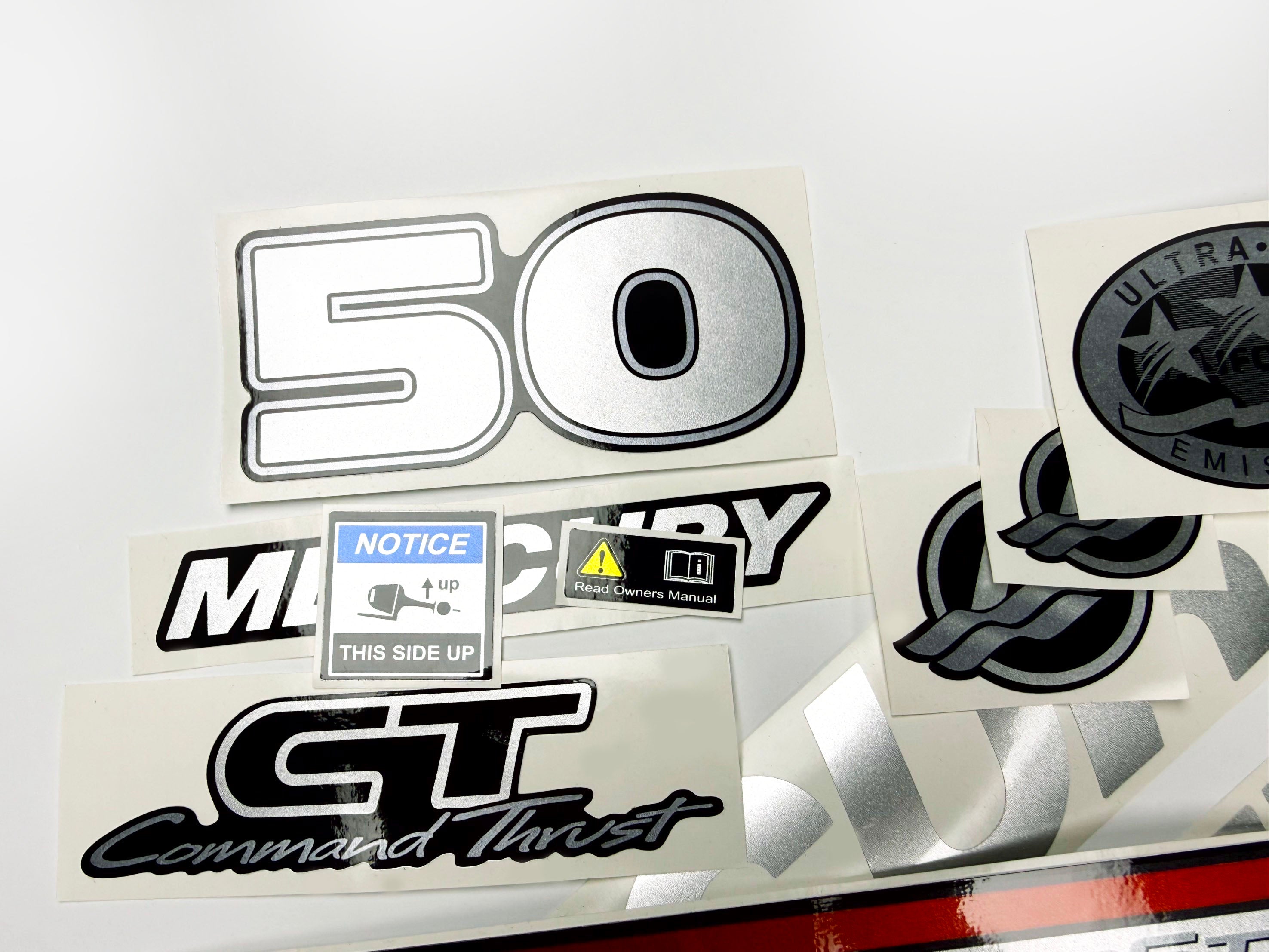 Vinyl graphic silver shimmer decals set suitable for Mercury 50 hp four stroke outboard engine. Vinyl silver shimmer stickers kit for Mercury 50 hp four stroke Handmade