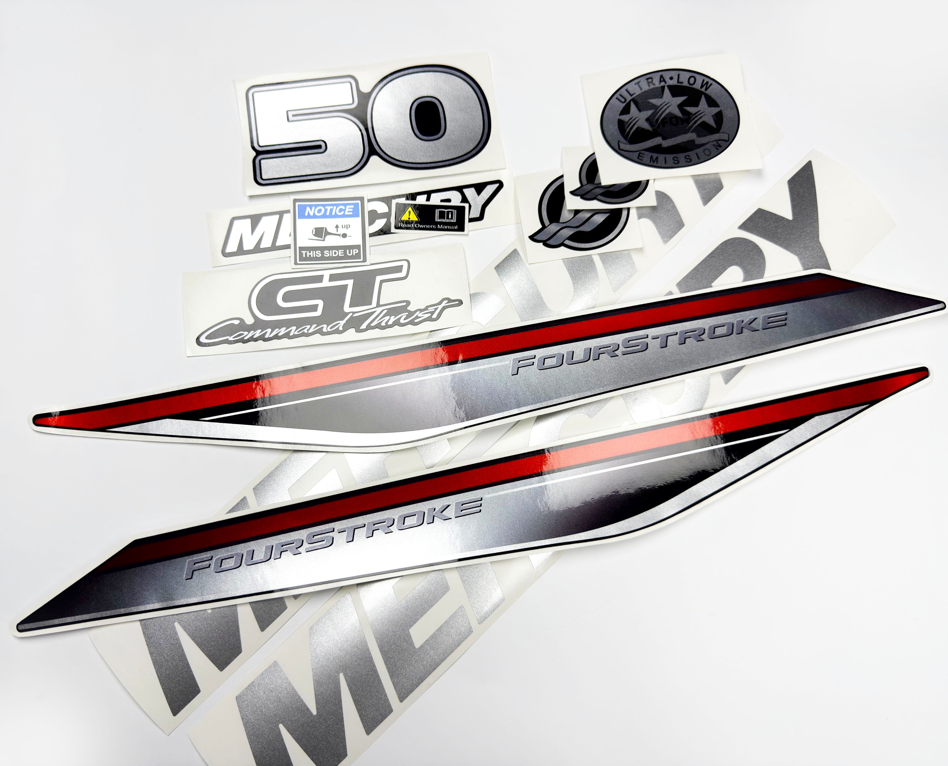 Vinyl graphic silver shimmer decals set suitable for Mercury 50 hp four stroke outboard engine. Vinyl silver shimmer stickers kit for Mercury 50 hp four stroke Handmade