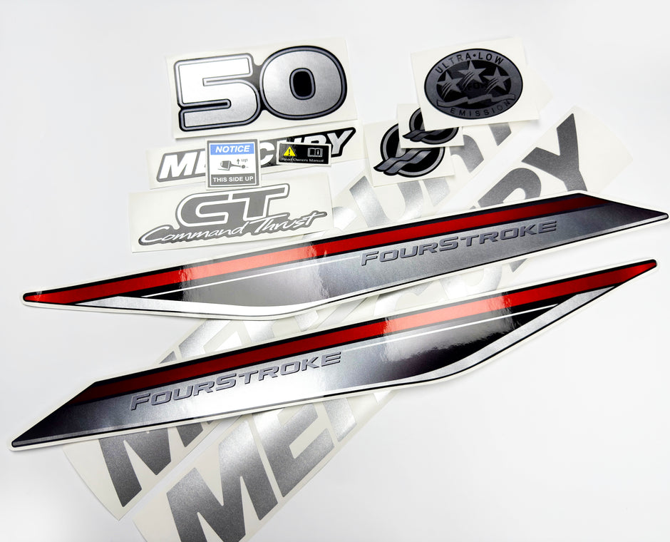 Vinyl graphic silver shimmer decals set suitable for Mercury 50 hp four stroke outboard engine. Vinyl silver shimmer stickers kit for Mercury 50 hp four stroke Handmade