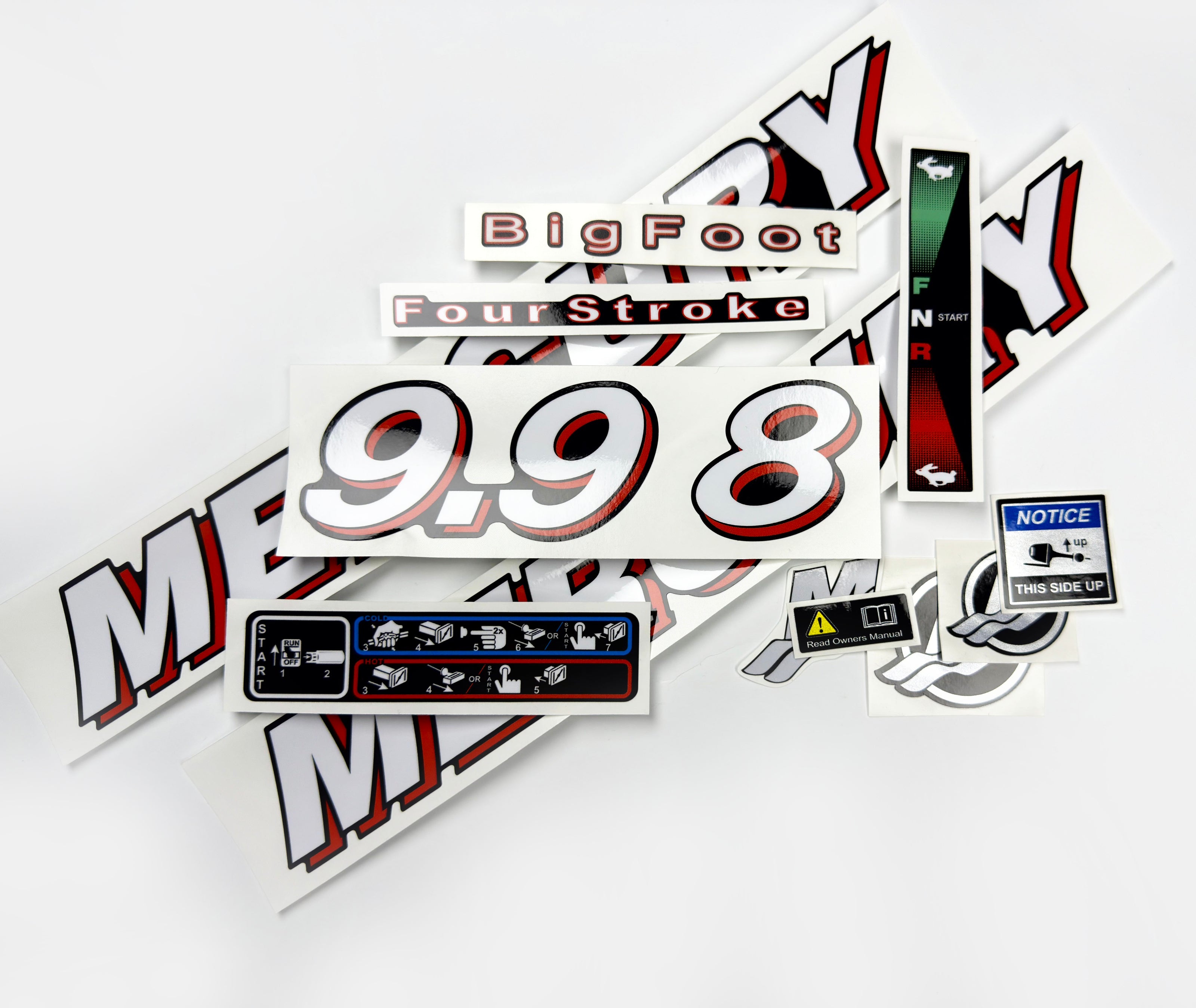 Vinyl graphic red and white decals set suitable for Mercury 8 9.9 hp four stroke outboard engine. Vinyl stickers kit for Mercury 8 9.9 hp four stroke Handmade