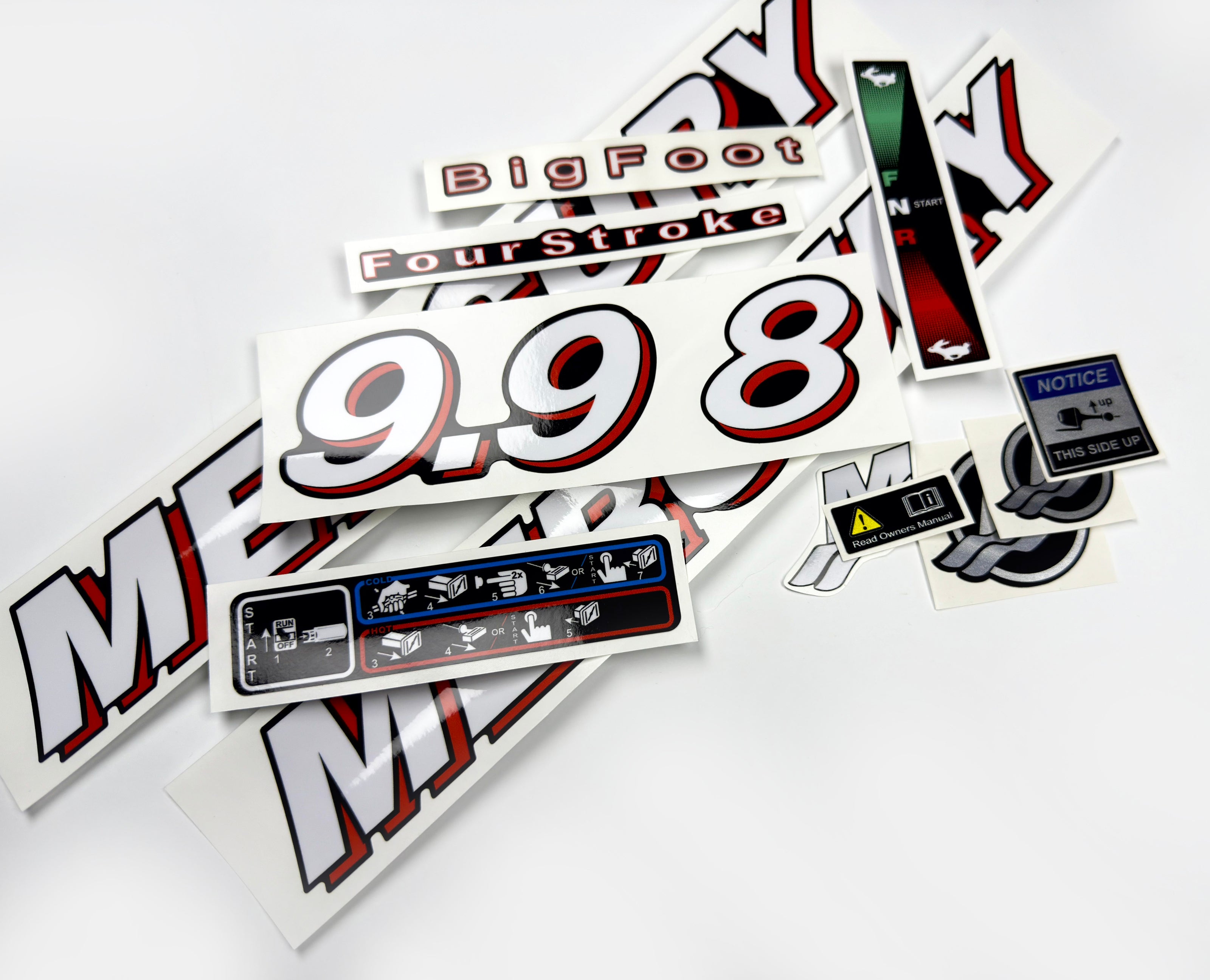 Vinyl graphic red and white decals set suitable for Mercury 8 9.9 hp four stroke outboard engine. Vinyl stickers kit for Mercury 8 9.9 hp four stroke Handmade