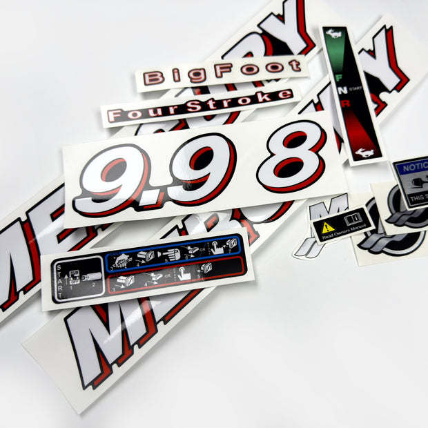 Vinyl graphic red and white decals set suitable for Mercury 8 9.9 hp four stroke outboard engine. Vinyl stickers kit for Mercury 8 9.9 hp four stroke Handmade