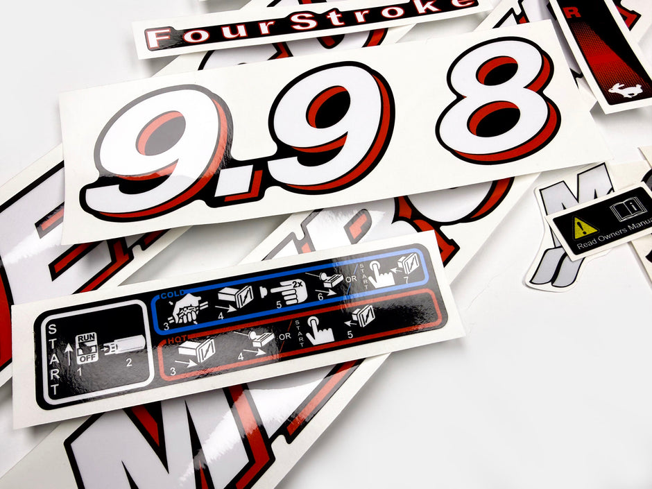 Vinyl graphic red and white decals set suitable for Mercury 8 9.9 hp four stroke outboard engine. Vinyl stickers kit for Mercury 8 9.9 hp four stroke Handmade
