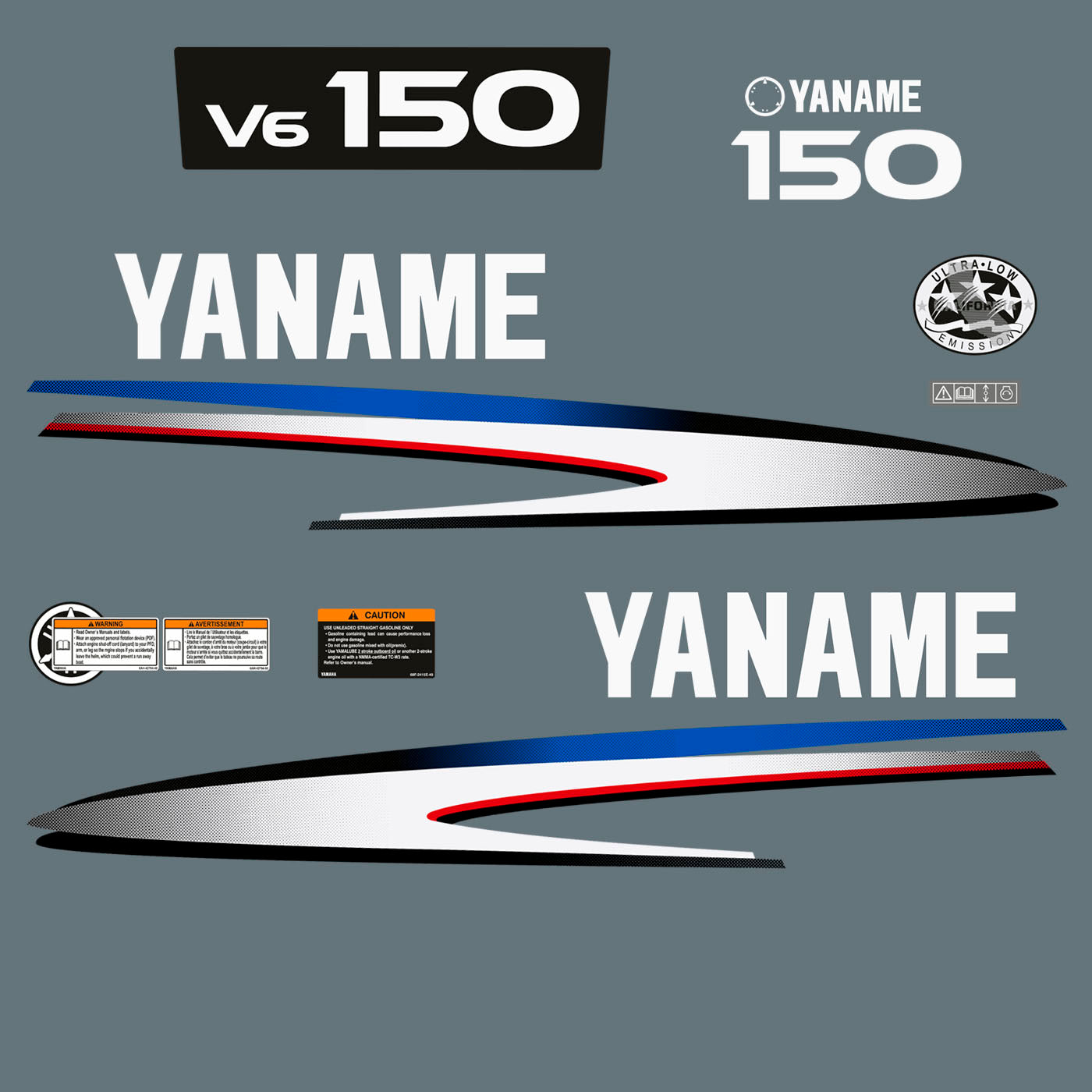 Vinyl graphic decals set suitable for Yamaha 150 hp two stroke V 6 outboard engine. Vinyl stickers kit for Yamaha 150 hp two stroke Handmade