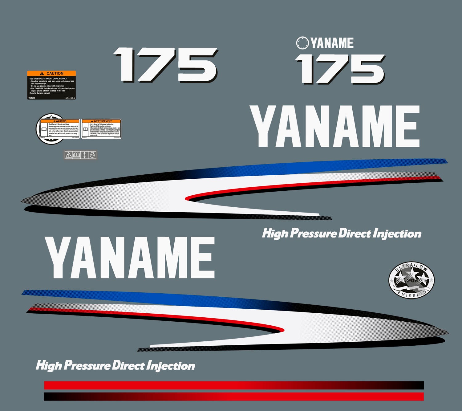 Vinyl graphic decals set suitable for Yamaha 175 hp two stroke direkt injection outboard engine. Vinyl stickers kit for Yamaha 175 hp two stroke Handmade