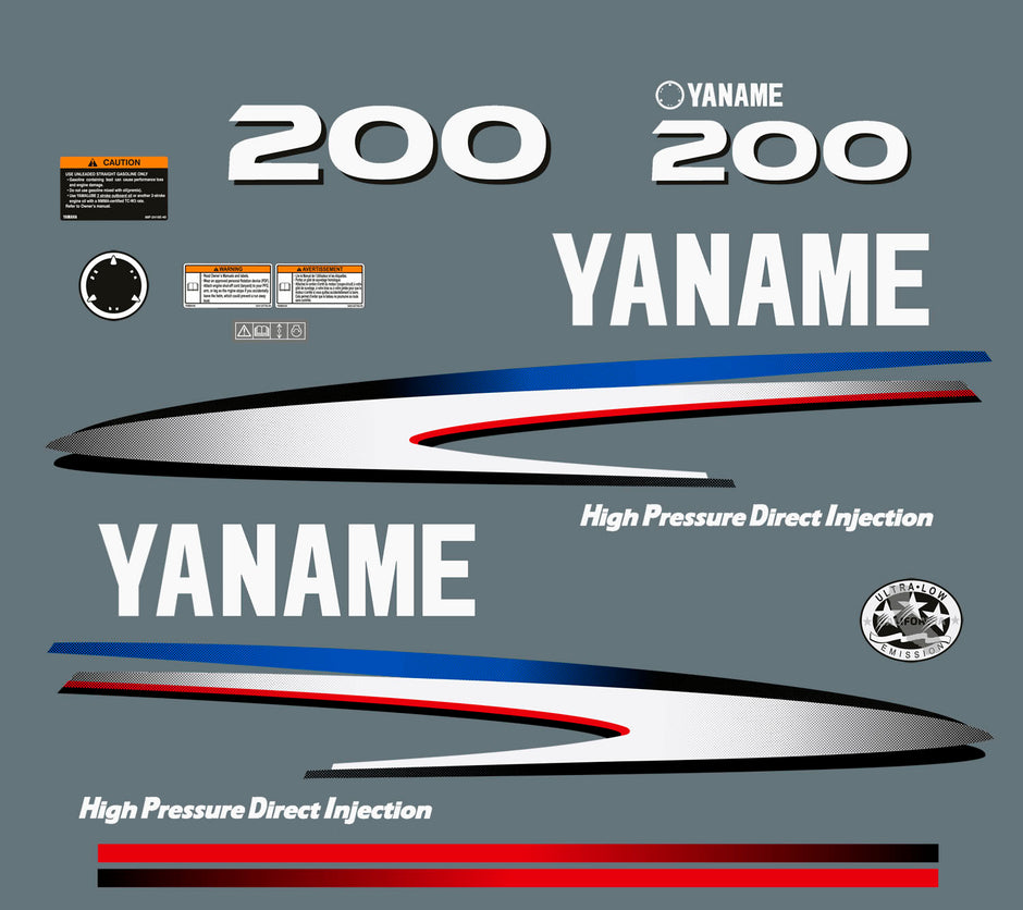 Vinyl graphic decals set suitable for Yamaha 200 hp two stroke direkt injection outboard engine. Vinyl stickers kit for Yamaha 200 hp two stroke Handmade (Copy)