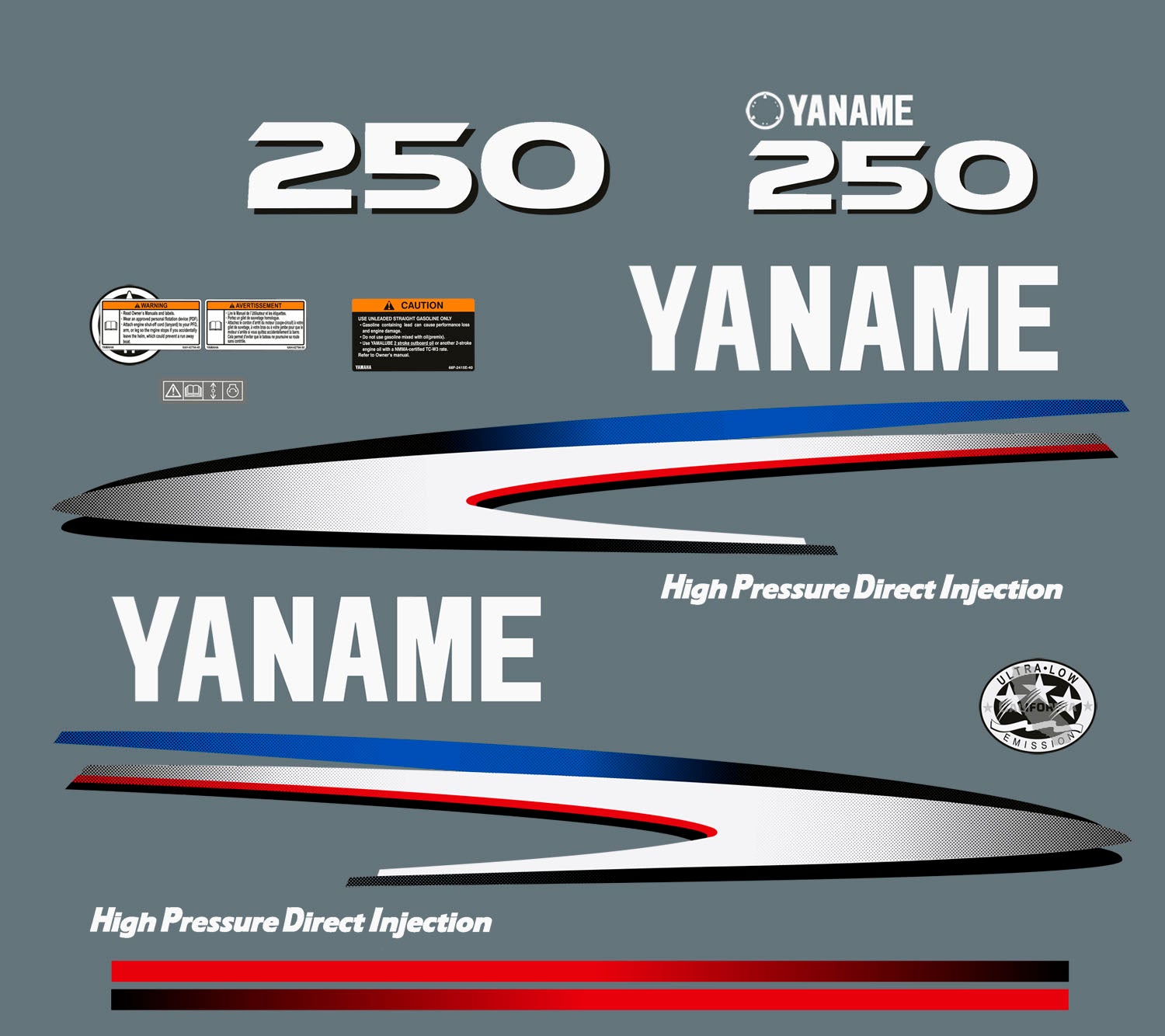 Vinyl graphic decals set suitable for Yamaha 250 hp two stroke outboard engine. Vinyl stickers kit for Yamaha 250 hp two stroke Handmade