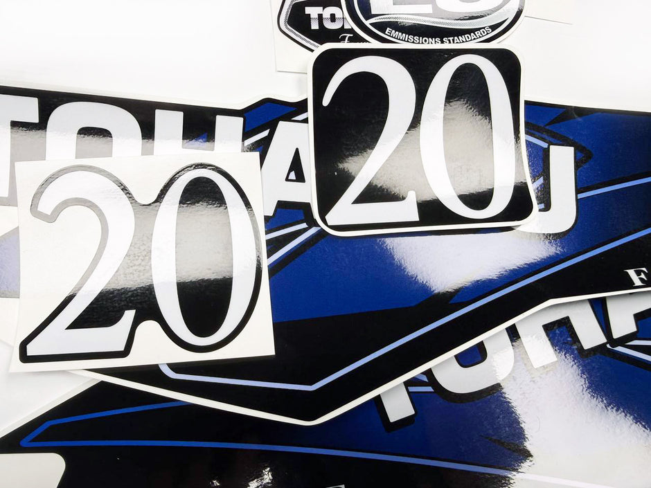 Vinyl graphic decals set suitable for Tohatsu 20 hp four stroke outboard engine. Vinyl stickers kit for Tohatsu 20 hp four stroke Handmade