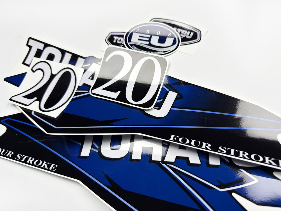 Vinyl graphic decals set suitable for Tohatsu 20 hp four stroke outboard engine. Vinyl stickers kit for Tohatsu 20 hp four stroke Handmade