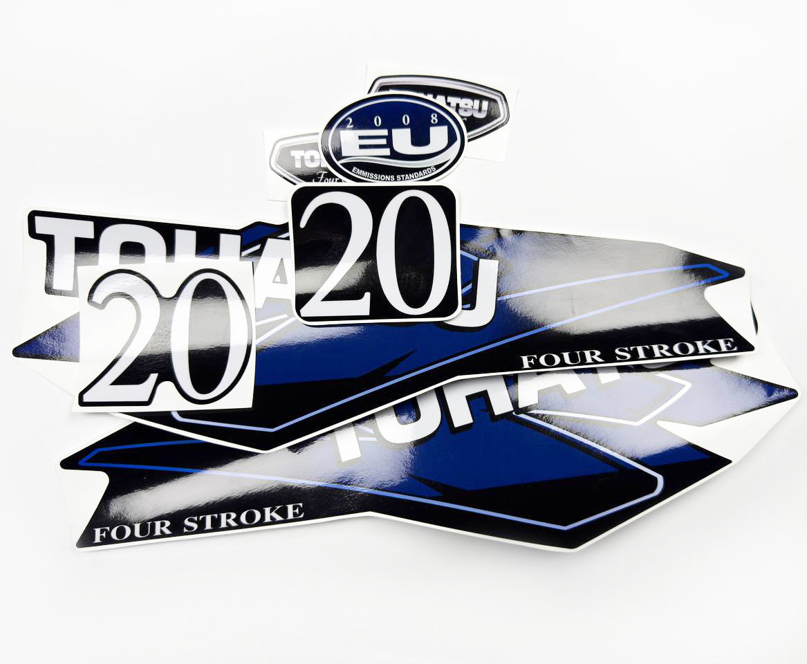 Vinyl graphic decals set suitable for Tohatsu 20 hp four stroke outboard engine. Vinyl stickers kit for Tohatsu 20 hp four stroke Handmade