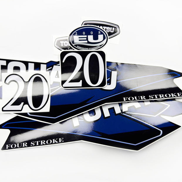 Vinyl graphic decals set suitable for Tohatsu 20 hp four stroke outboard engine. Vinyl stickers kit for Tohatsu 20 hp four stroke Handmade