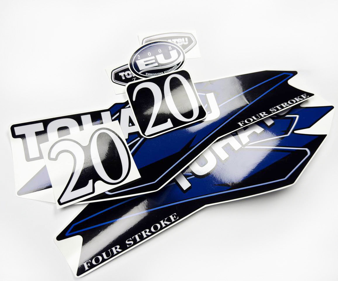 Vinyl graphic decals set suitable for Tohatsu 20 hp four stroke outboard engine. Vinyl stickers kit for Tohatsu 20 hp four stroke Handmade