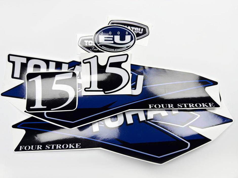 Vinyl graphic decals set suitable for Tohatsu 15 hp four stroke outboard engine. Vinyl stickers kit for Tohatsu 15 hp four stroke Handmade