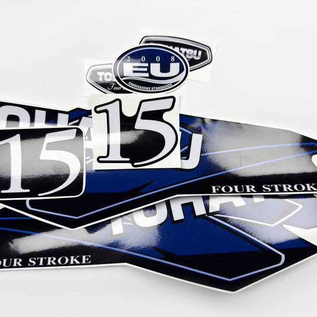 Vinyl graphic decals set suitable for Tohatsu 15 hp four stroke outboard engine. Vinyl stickers kit for Tohatsu 15 hp four stroke Handmade