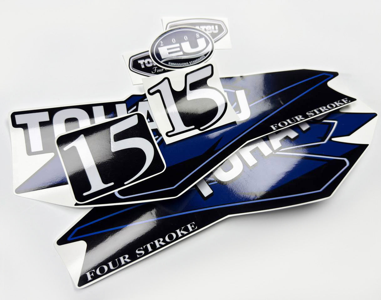 Vinyl graphic decals set suitable for Tohatsu 15 hp four stroke outboard engine. Vinyl stickers kit for Tohatsu 15 hp four stroke Handmade