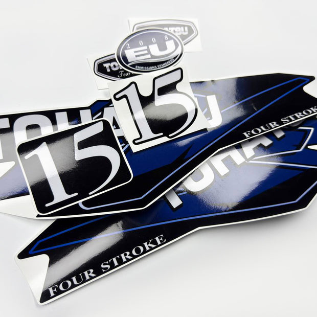Vinyl graphic decals set suitable for Tohatsu 15 hp four stroke outboard engine. Vinyl stickers kit for Tohatsu 15 hp four stroke Handmade