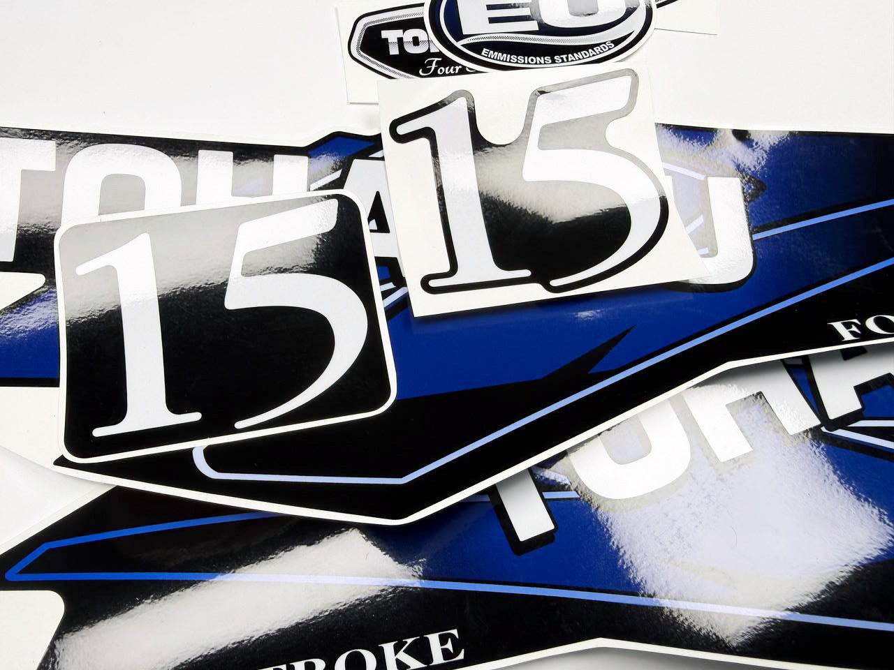 Vinyl graphic decals set suitable for Tohatsu 15 hp four stroke outboard engine. Vinyl stickers kit for Tohatsu 15 hp four stroke Handmade