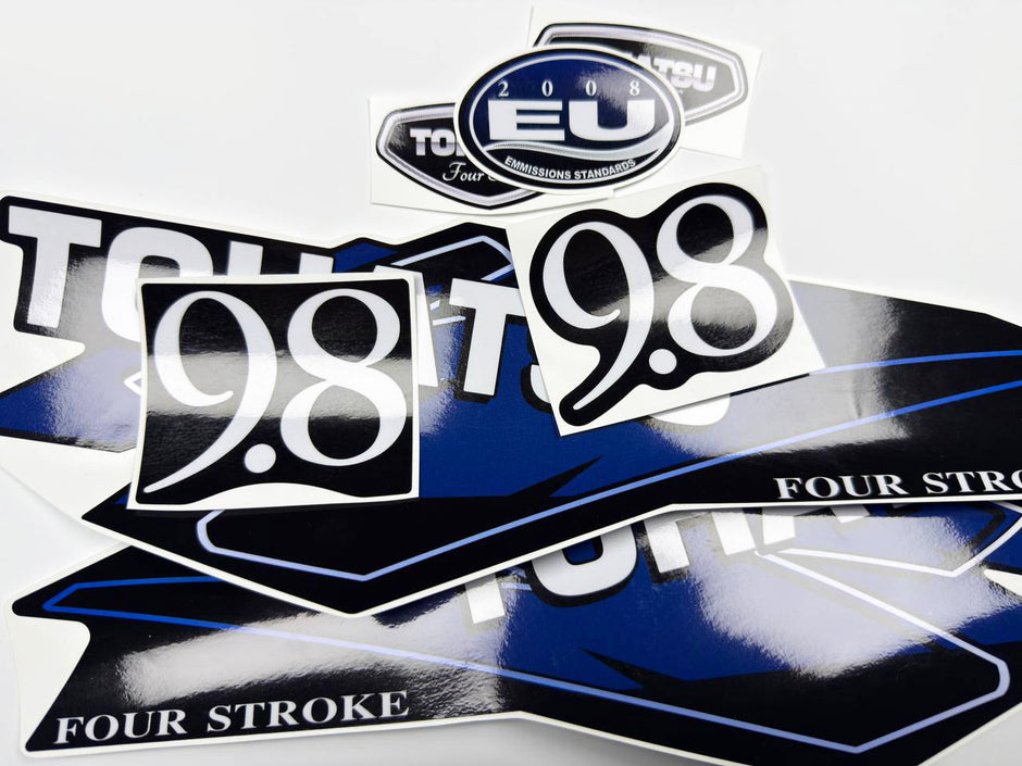 Vinyl graphic decals set suitable for Tohatsu 9.8 hp four stroke outboard engine. Vinyl stickers kit for Tohatsu 9.8 hp four stroke Handmade