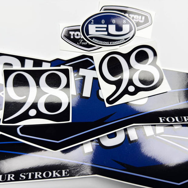Vinyl graphic decals set suitable for Tohatsu 9.8 hp four stroke outboard engine. Vinyl stickers kit for Tohatsu 9.8 hp four stroke Handmade