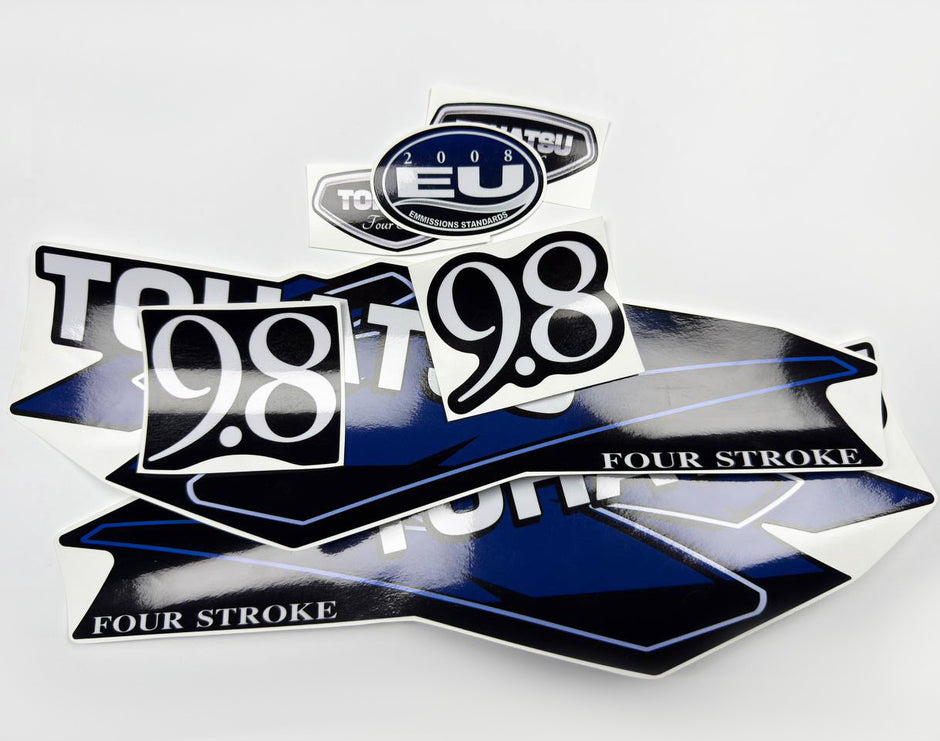 Vinyl graphic decals set suitable for Tohatsu 9.8 hp four stroke outboard engine. Vinyl stickers kit for Tohatsu 9.8 hp four stroke Handmade