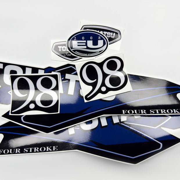 Vinyl graphic decals set suitable for Tohatsu 9.8 hp four stroke outboard engine. Vinyl stickers kit for Tohatsu 9.8 hp four stroke Handmade