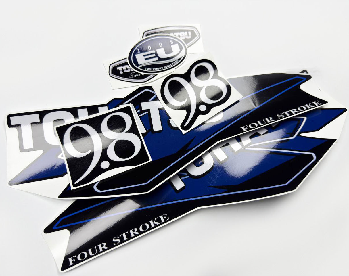 Vinyl graphic decals set suitable for Tohatsu 9.8 hp four stroke outboard engine. Vinyl stickers kit for Tohatsu 9.8 hp four stroke Handmade