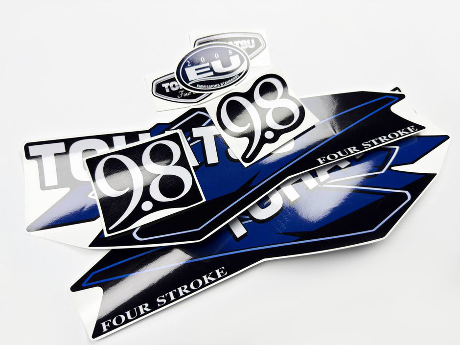 Vinyl graphic decals set suitable for Tohatsu 9.8 hp four stroke outboard engine. Vinyl stickers kit for Tohatsu 9.8 hp four stroke Handmade