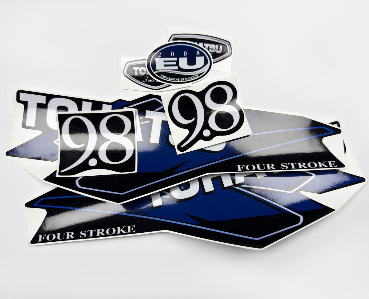 Vinyl graphic decals set suitable for Tohatsu 9.8 hp four stroke outboard engine. Vinyl stickers kit for Tohatsu 9.8 hp four stroke Handmade