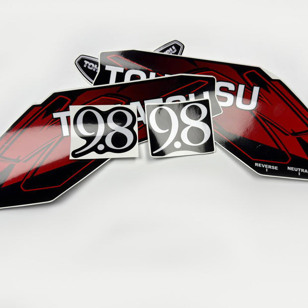 Vinyl graphic red decals set suitable for Tohatsu 9.8 hp two stroke outboard engine. Vinyl stickers kit for Tohatsu 9.8 hp two stroke Handmade