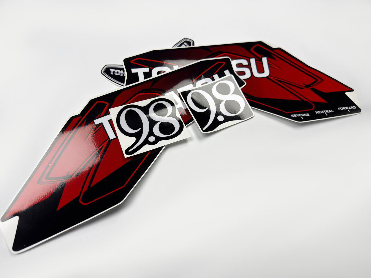 Vinyl graphic red decals set suitable for Tohatsu 9.8 hp two stroke outboard engine. Vinyl stickers kit for Tohatsu 9.8 hp two stroke Handmade