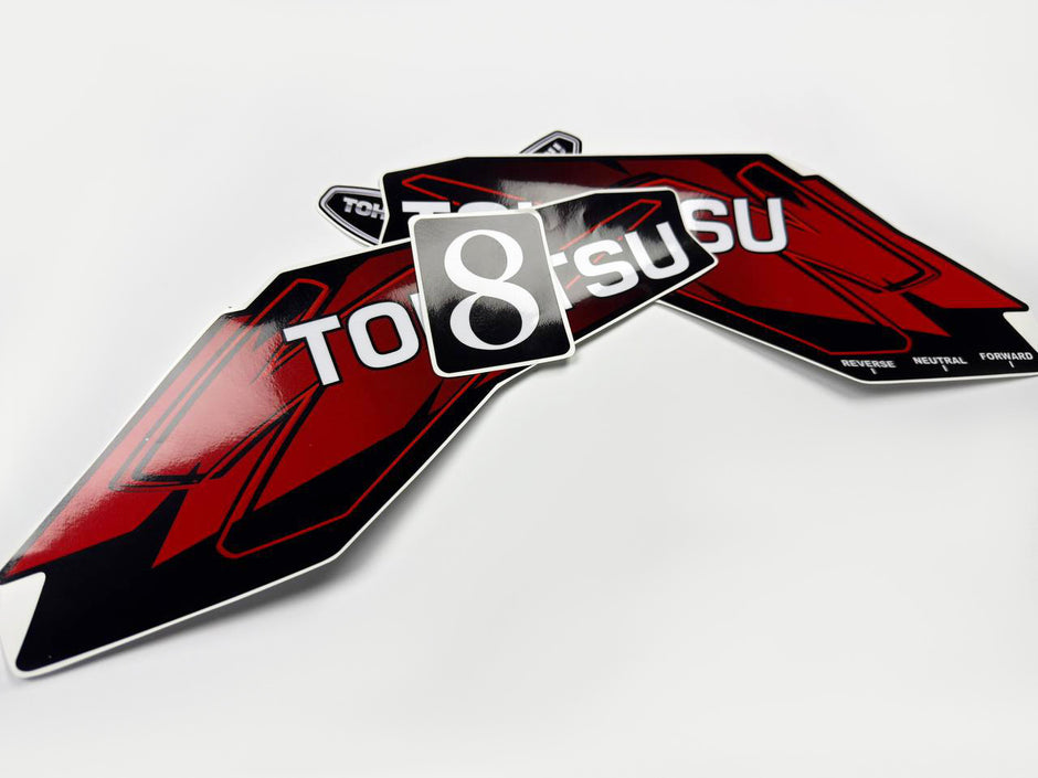 Vinyl graphic red decals set suitable for Tohatsu 8 hp two stroke outboard engine. Vinyl stickers kit for Tohatsu 8 hp two stroke Handmade