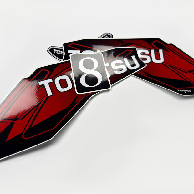 Vinyl graphic red decals set suitable for Tohatsu 8 hp two stroke outboard engine. Vinyl stickers kit for Tohatsu 8 hp two stroke Handmade