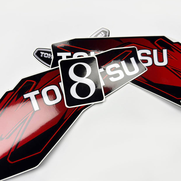 Vinyl graphic red decals set suitable for Tohatsu 8 hp two stroke outboard engine. Vinyl stickers kit for Tohatsu 8 hp two stroke Handmade