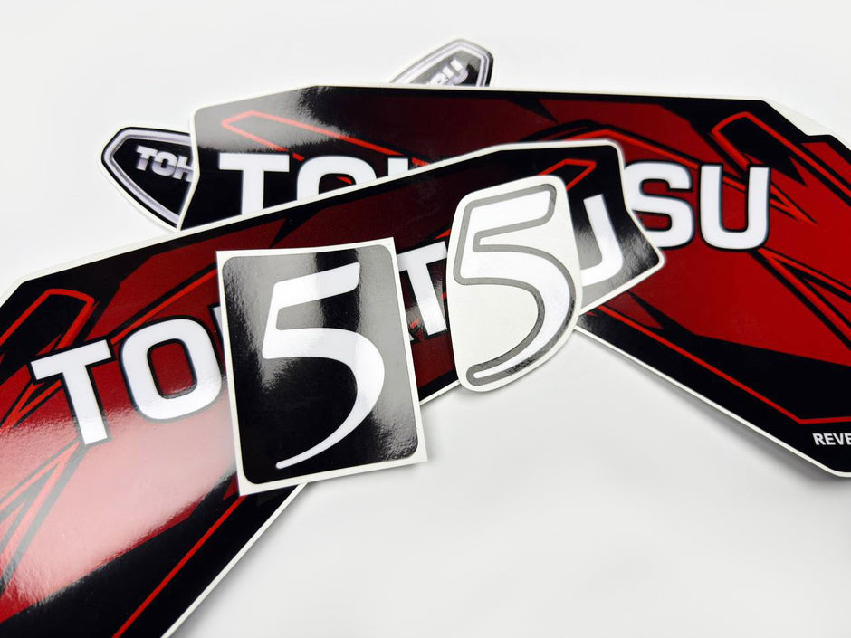 Vinyl graphic red decals set suitable for Tohatsu 5 hp two stroke outboard engine. Vinyl stickers kit for Tohatsu 5 hp two stroke Handmade