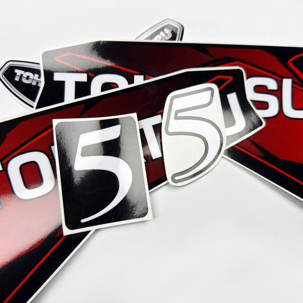 Vinyl graphic red decals set suitable for Tohatsu 5 hp two stroke outboard engine. Vinyl stickers kit for Tohatsu 5 hp two stroke Handmade
