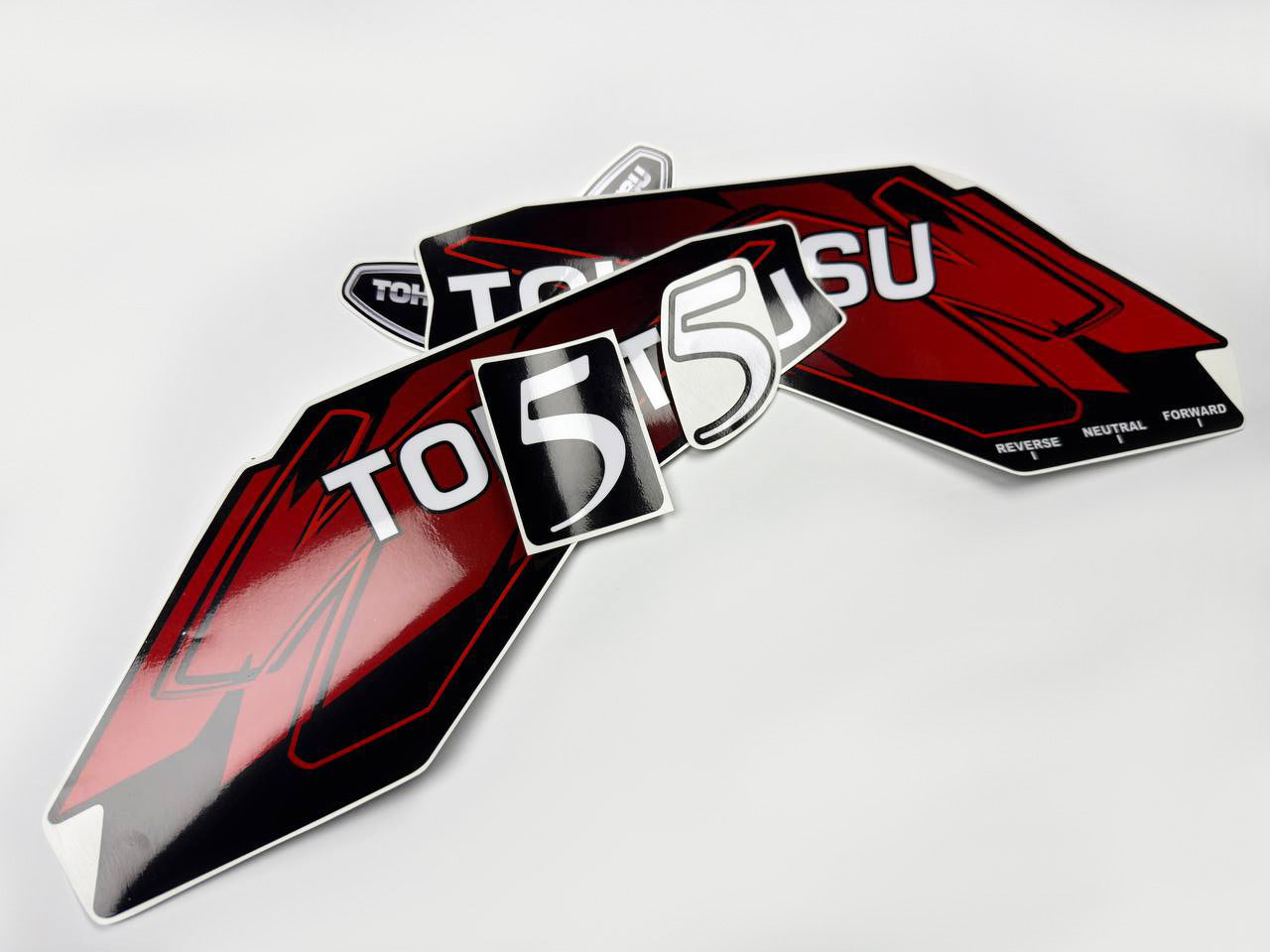 Vinyl graphic red decals set suitable for Tohatsu 5 hp two stroke outboard engine. Vinyl stickers kit for Tohatsu 5 hp two stroke Handmade