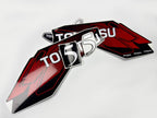 Vinyl graphic red decals set suitable for Tohatsu 5 hp two stroke outboard engine. Vinyl stickers kit for Tohatsu 5 hp two stroke Handmade