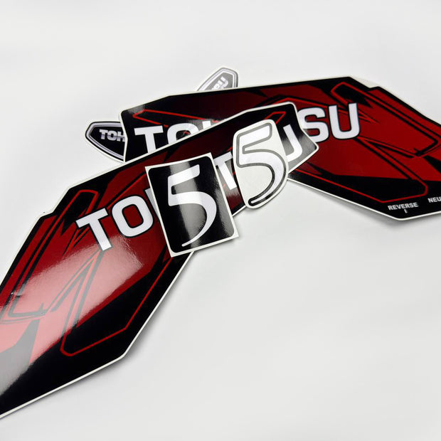 Vinyl graphic red decals set suitable for Tohatsu 5 hp two stroke outboard engine. Vinyl stickers kit for Tohatsu 5 hp two stroke Handmade