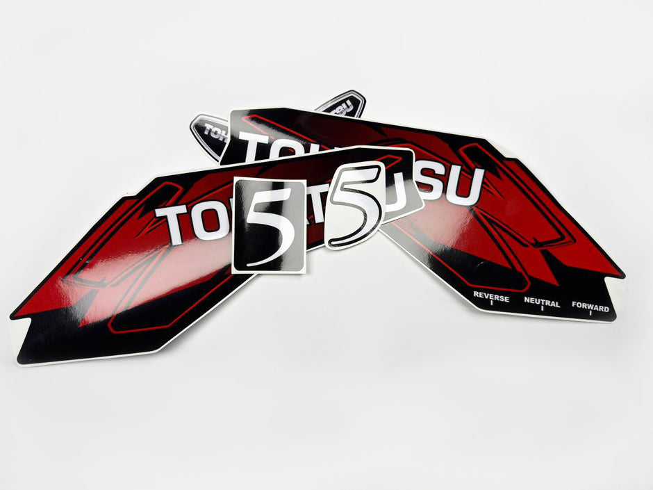 Vinyl graphic red decals set suitable for Tohatsu 5 hp two stroke outboard engine. Vinyl stickers kit for Tohatsu 5 hp two stroke Handmade