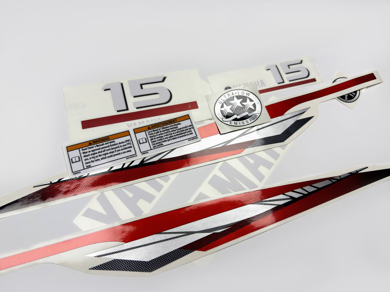 Vinyl graphic metalized silver red decals set suitable for Yamaha 15 hp two stroke outboard engine. Vinyl stickers kit for Yamaha 15 hp two stroke Handmade