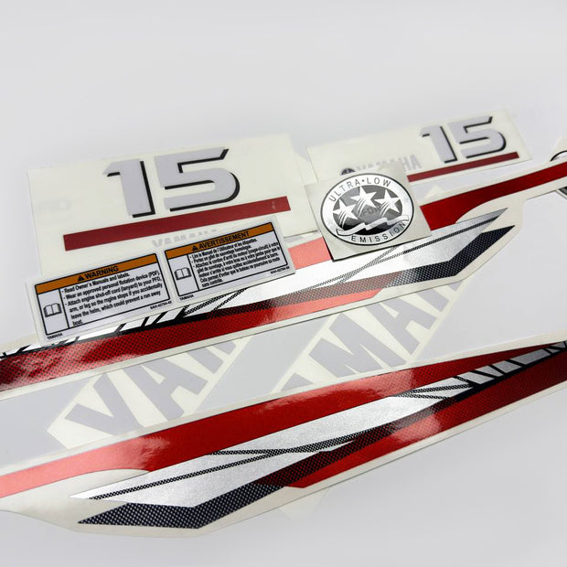 Vinyl graphic metalized silver red decals set suitable for Yamaha 15 hp two stroke outboard engine. Vinyl stickers kit for Yamaha 15 hp two stroke Handmade