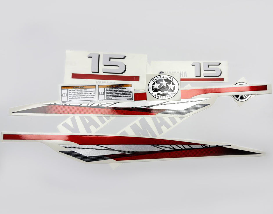 Vinyl graphic metalized silver red decals set suitable for Yamaha 15 hp two stroke outboard engine. Vinyl stickers kit for Yamaha 15 hp two stroke Handmade