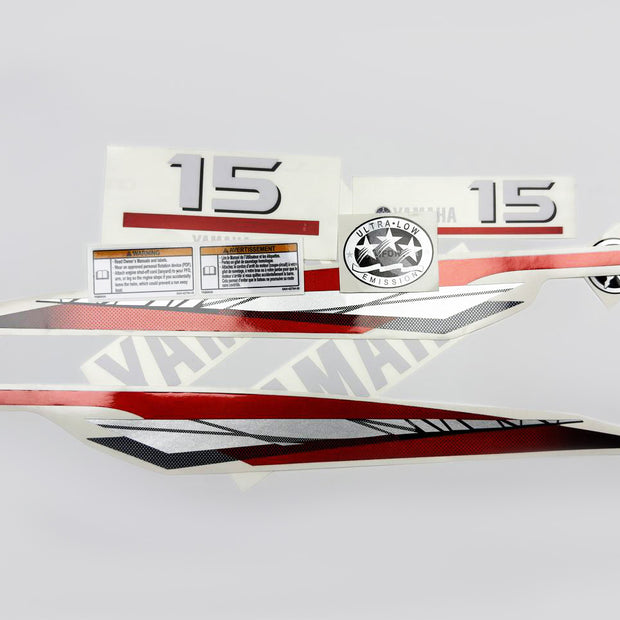 Vinyl graphic metalized silver red decals set suitable for Yamaha 15 hp two stroke outboard engine. Vinyl stickers kit for Yamaha 15 hp two stroke Handmade