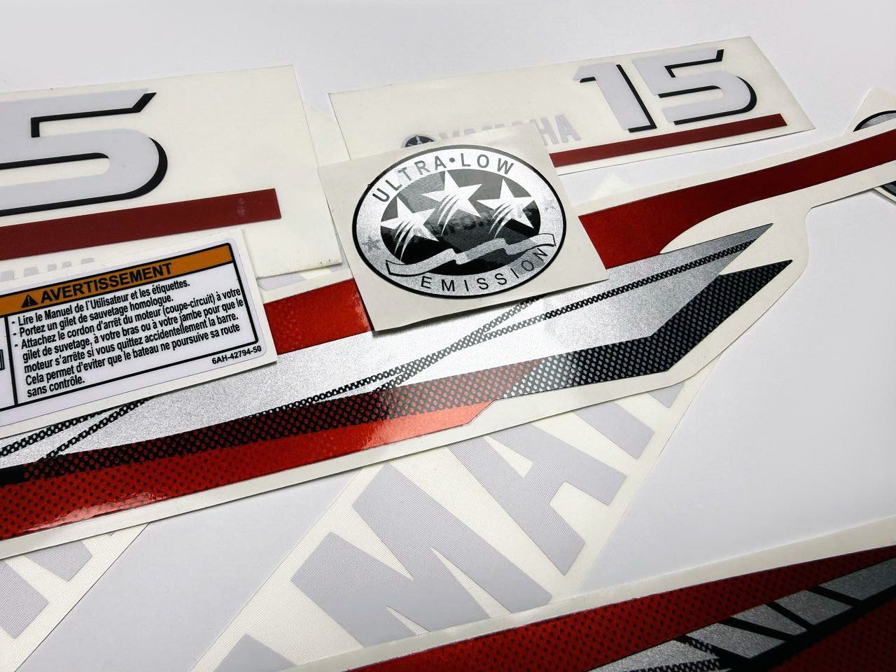 Vinyl graphic metalized silver red decals set suitable for Yamaha 15 hp two stroke outboard engine. Vinyl stickers kit for Yamaha 15 hp two stroke Handmade