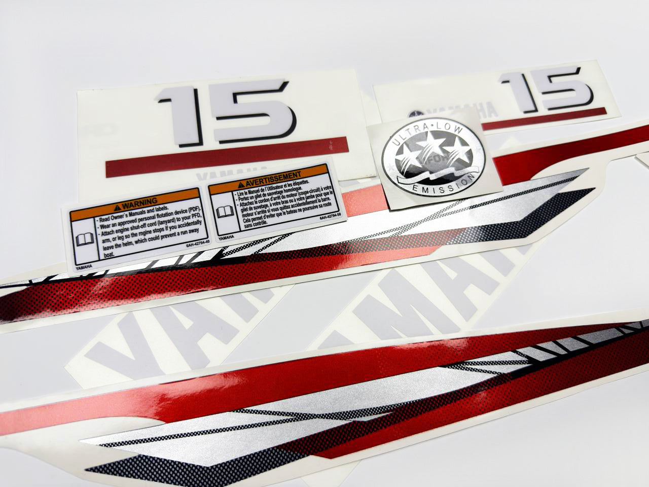 Vinyl graphic metalized silver red decals set suitable for Yamaha 15 hp two stroke outboard engine. Vinyl stickers kit for Yamaha 15 hp two stroke Handmade